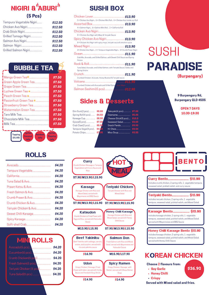 Menu, Sushi Paradise