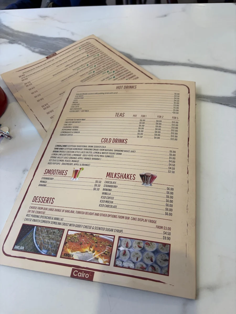 Menu, Cairo Cafe Canning Vale