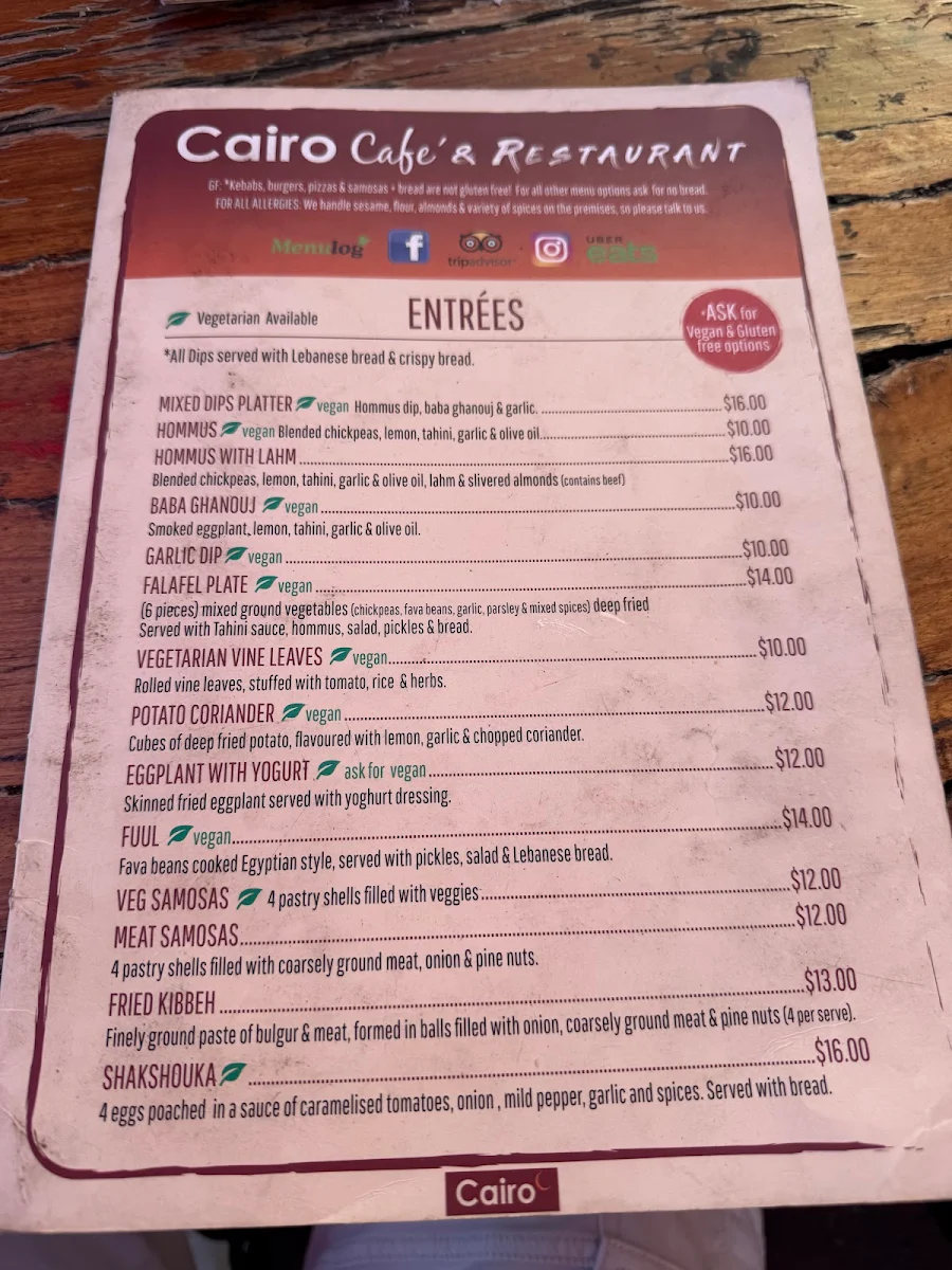 Menu, Cairo Cafe Canning Vale