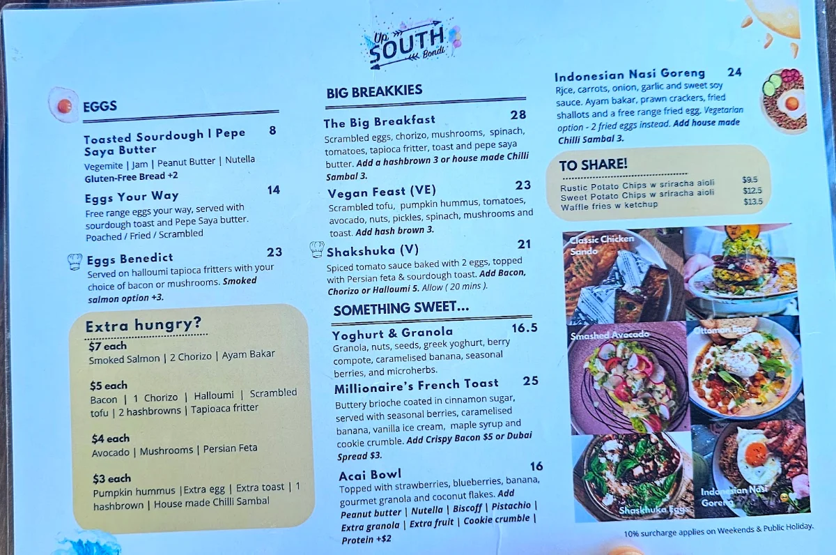 Menu, Up South Bondi