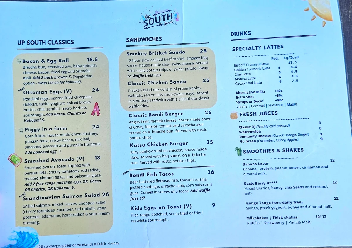 Menu, Up South Bondi