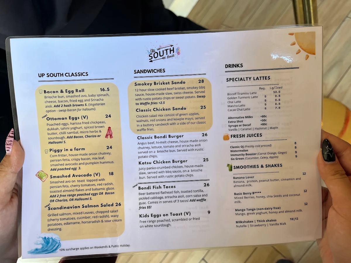 Menu, Up South Bondi