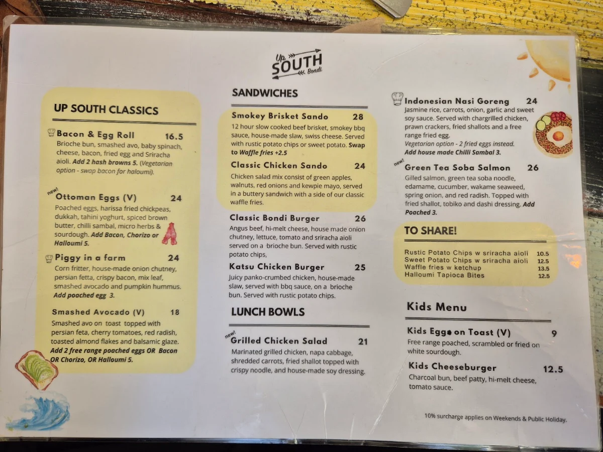 Menu, Up South Bondi