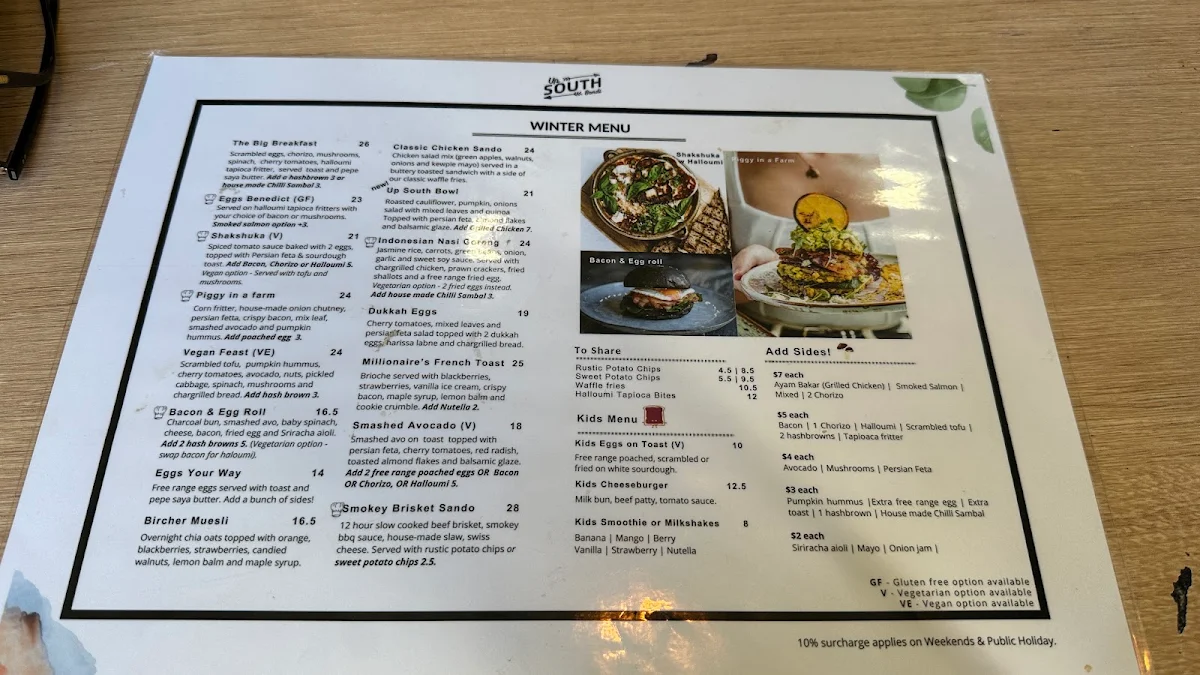 Menu, Up South Bondi