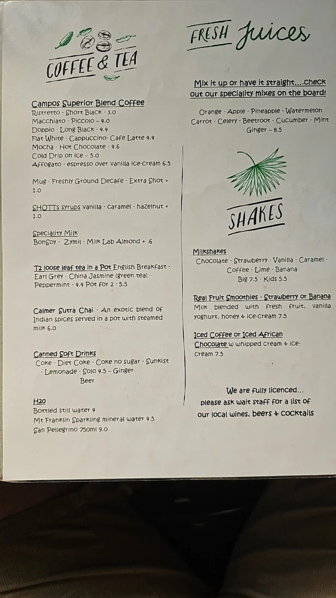 Menu, The Table Cafe
