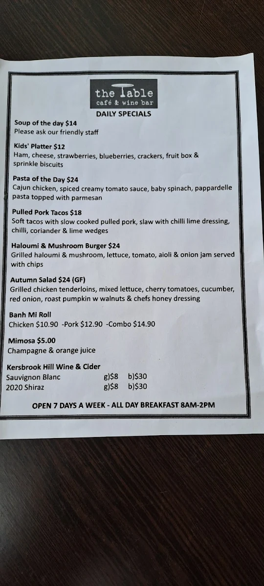 Menu, The Table Cafe