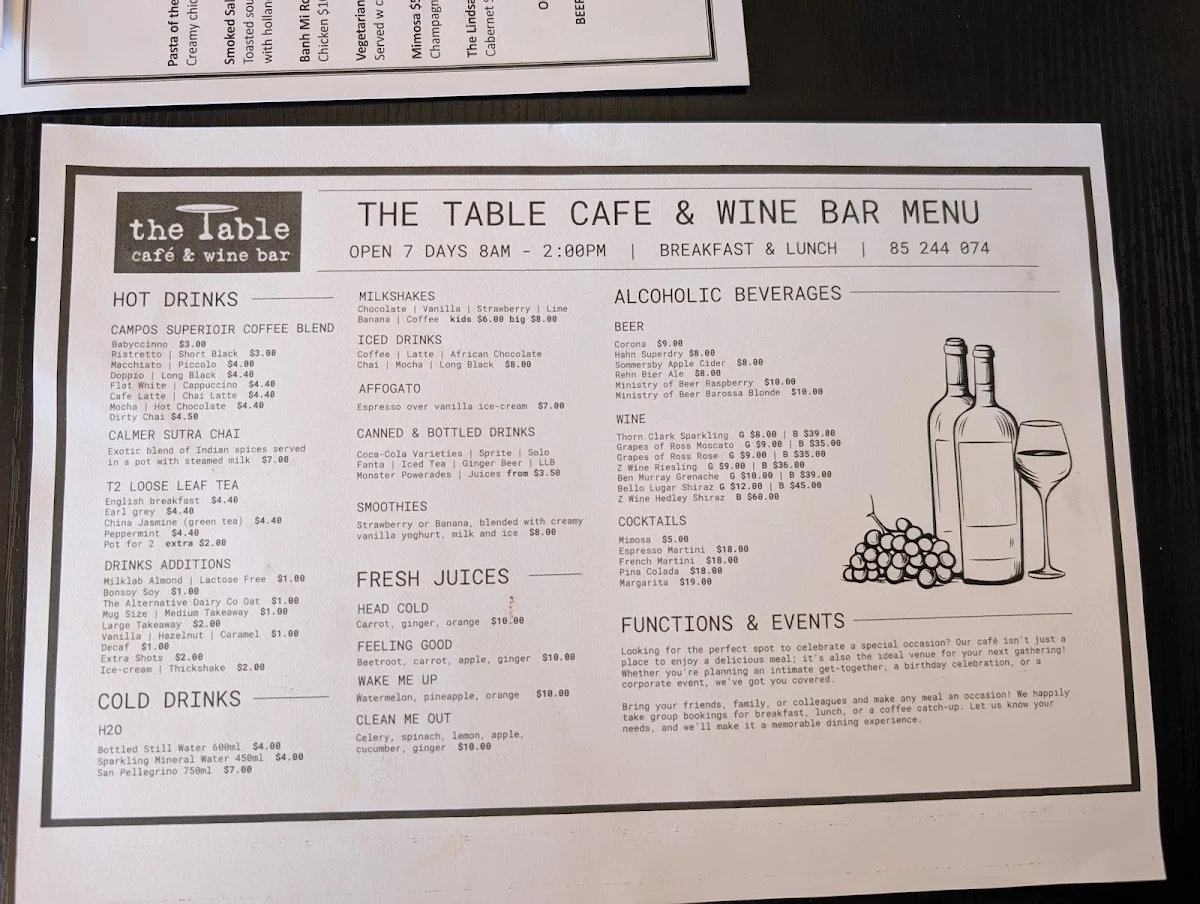 Menu, The Table Cafe