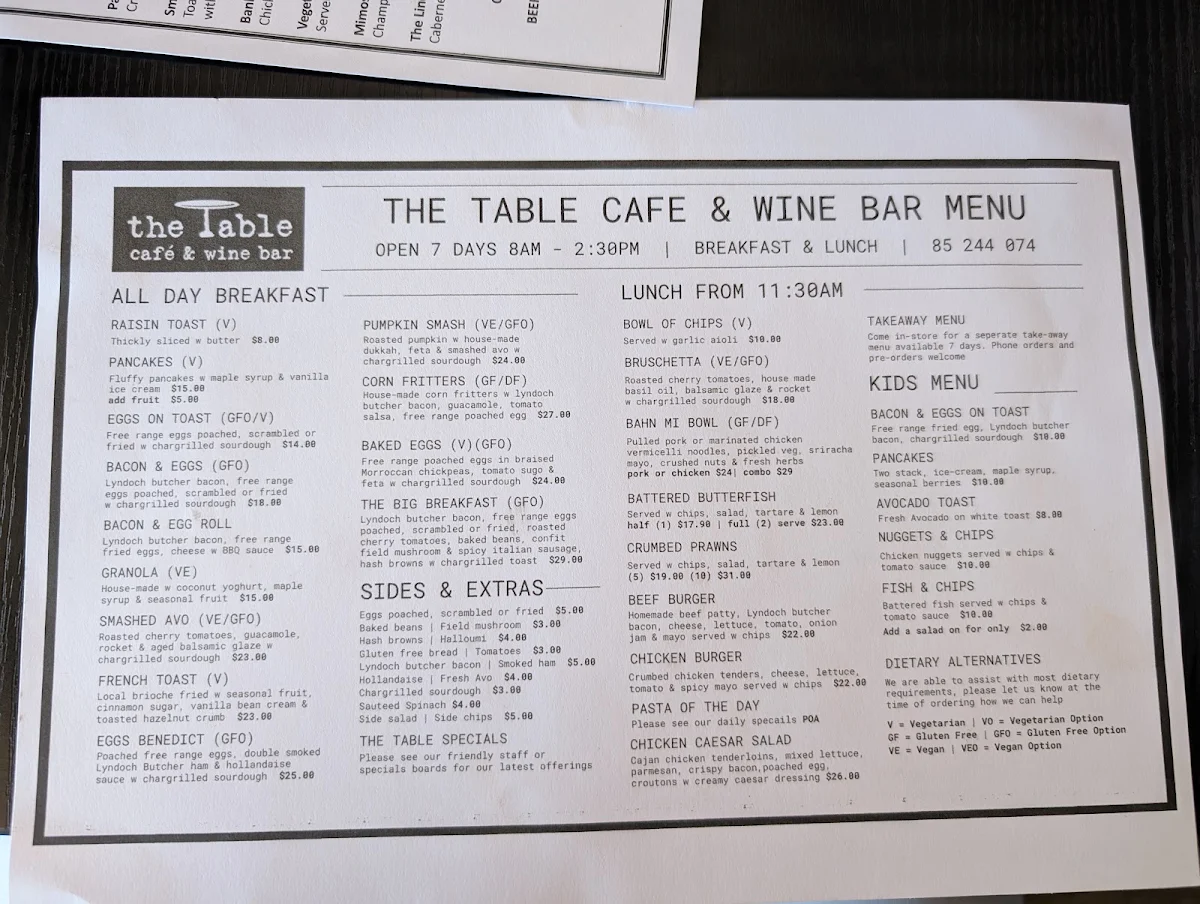 Menu, The Table Cafe