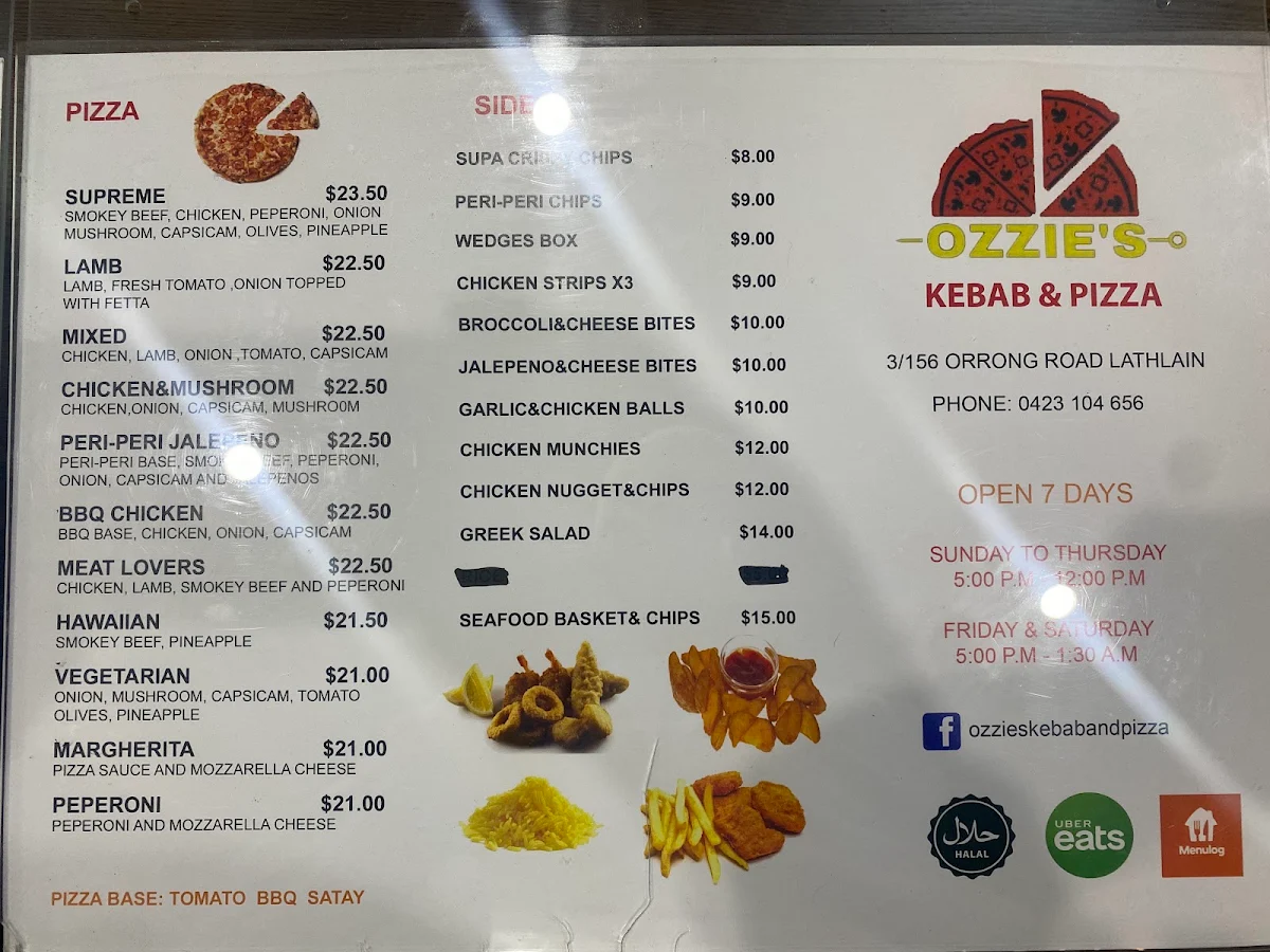 Menu, Ozzies's Kebab & Pizza