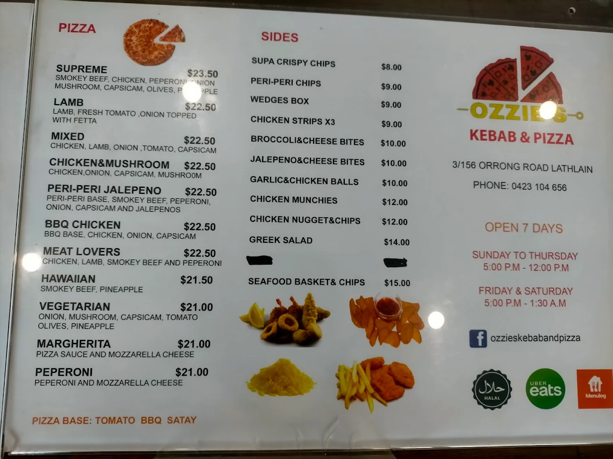 Menu, Ozzies's Kebab & Pizza