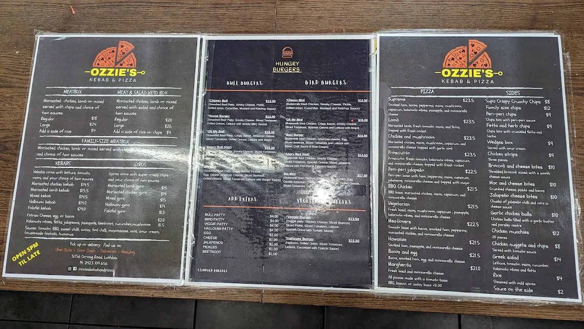 Menu, Ozzies's Kebab & Pizza