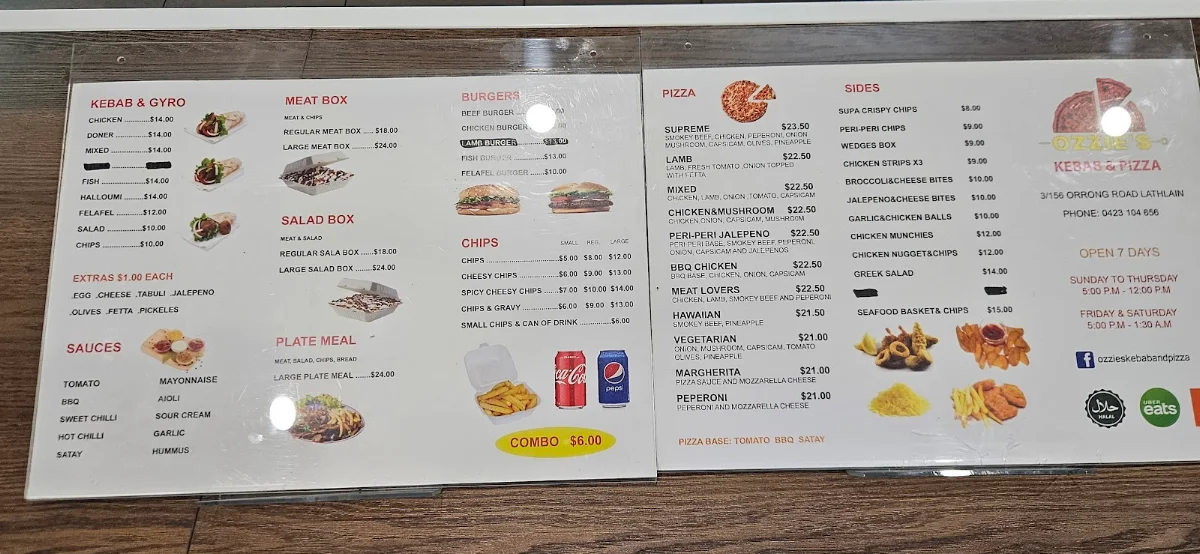 Menu, Ozzies's Kebab & Pizza