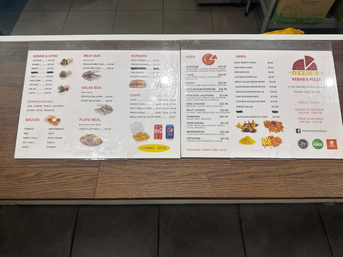 Menu, Ozzies's Kebab & Pizza