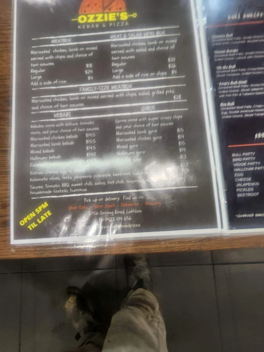 Menu, Ozzies's Kebab & Pizza