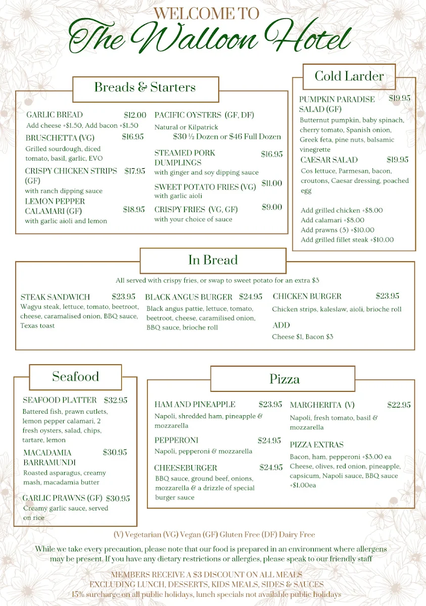 Menu, The Walloon Hotel