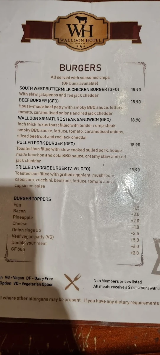 Menu, The Walloon Hotel