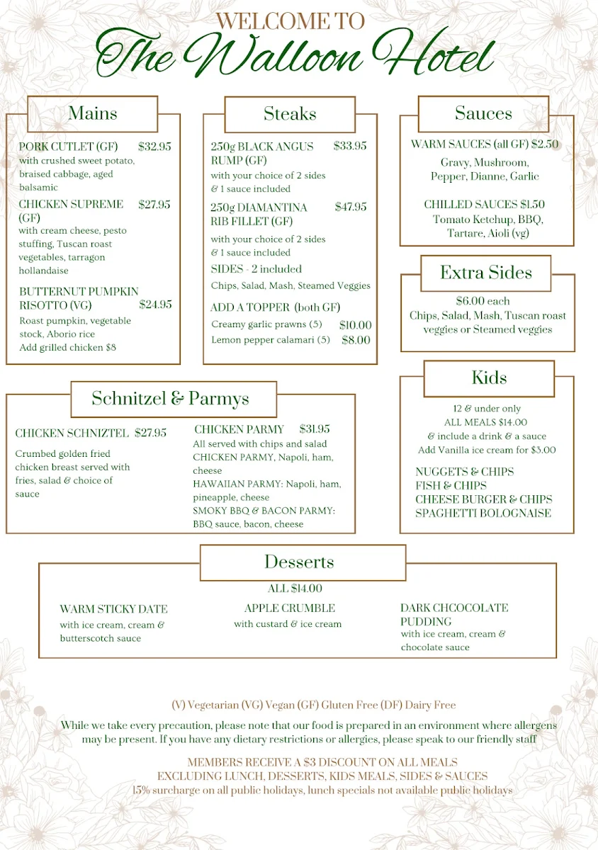 Menu, The Walloon Hotel