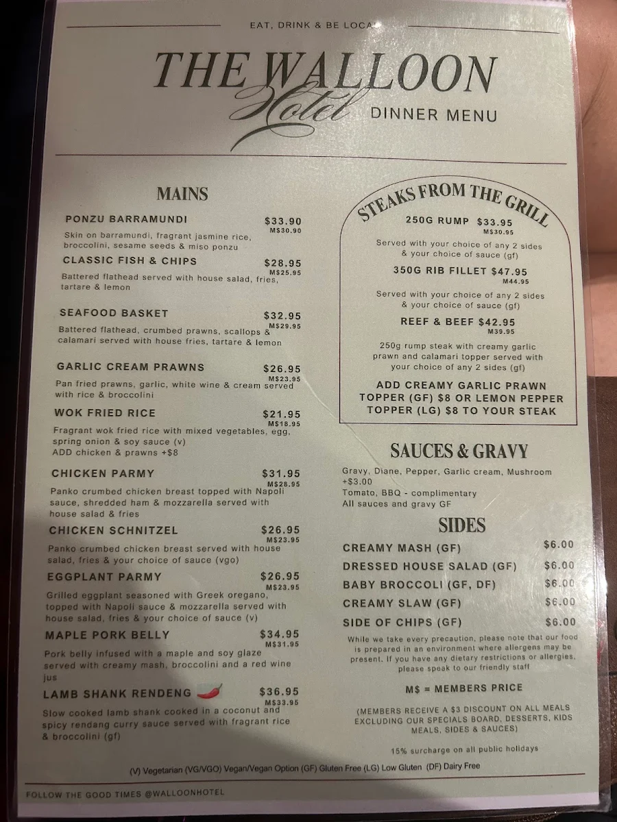 Menu, The Walloon Hotel