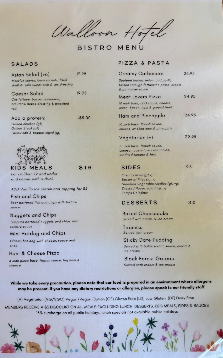 Menu, The Walloon Hotel