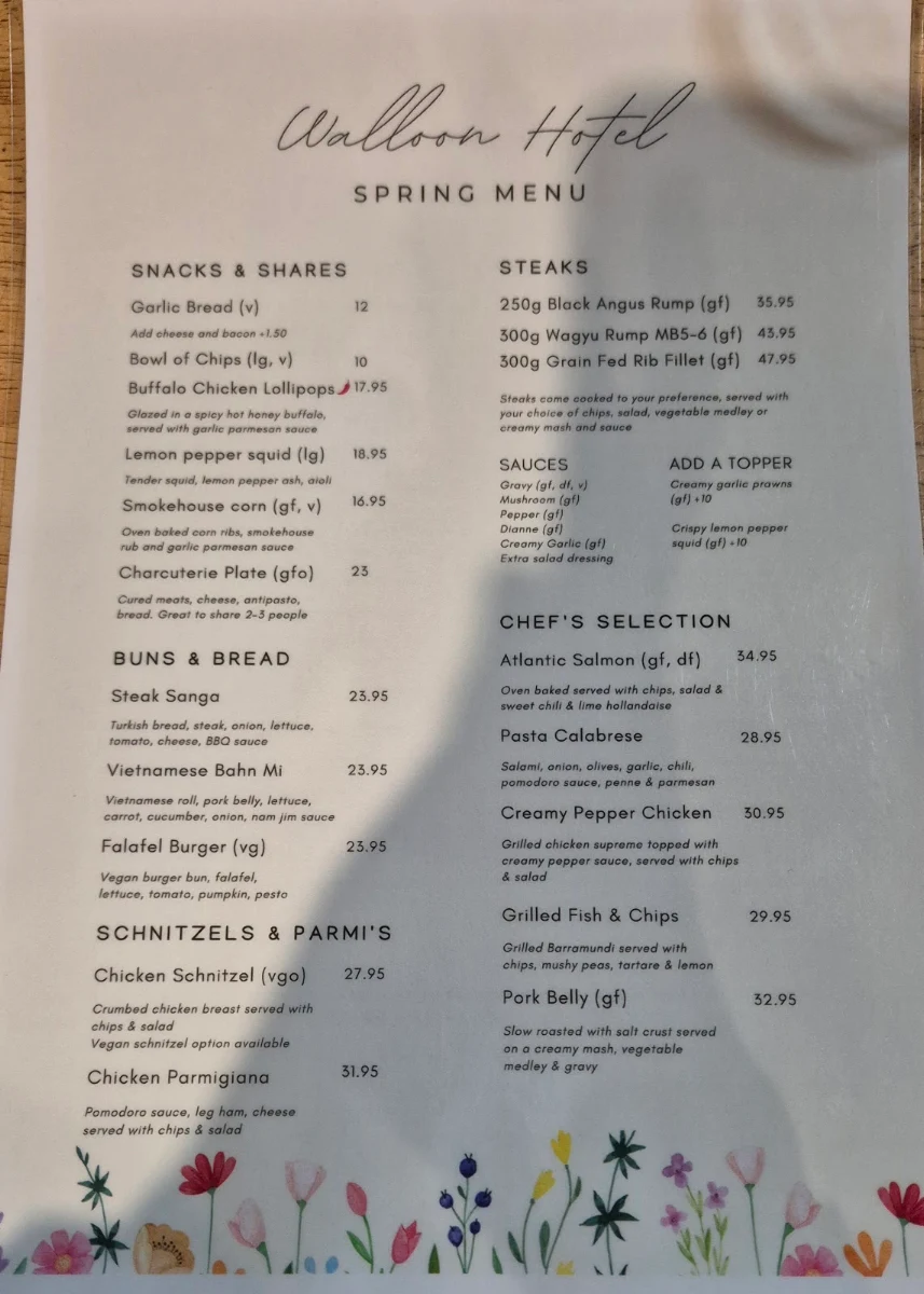 Menu, The Walloon Hotel