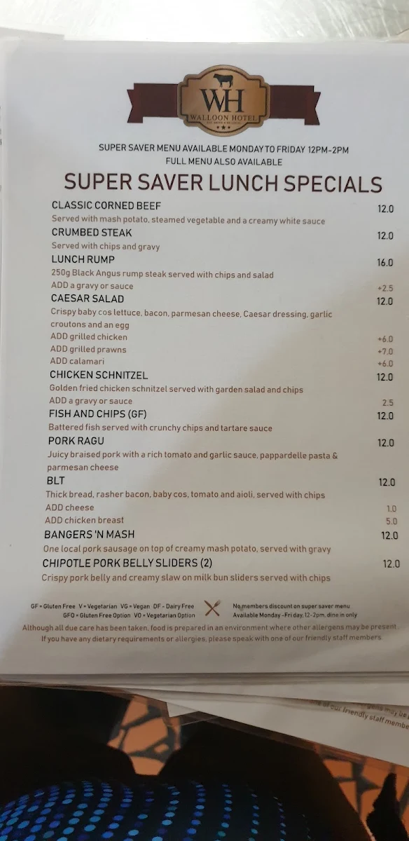 Menu, The Walloon Hotel