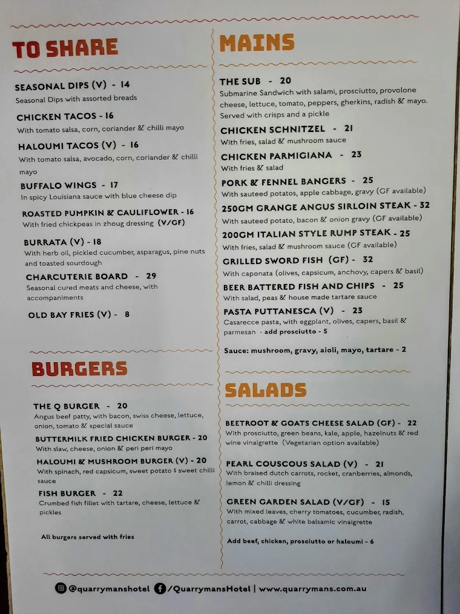 Menu, Quarrymans Hotel