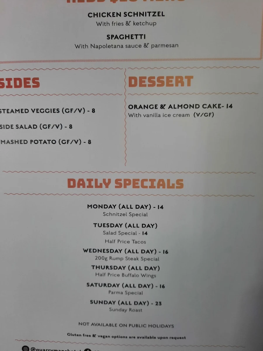Menu, Quarrymans Hotel