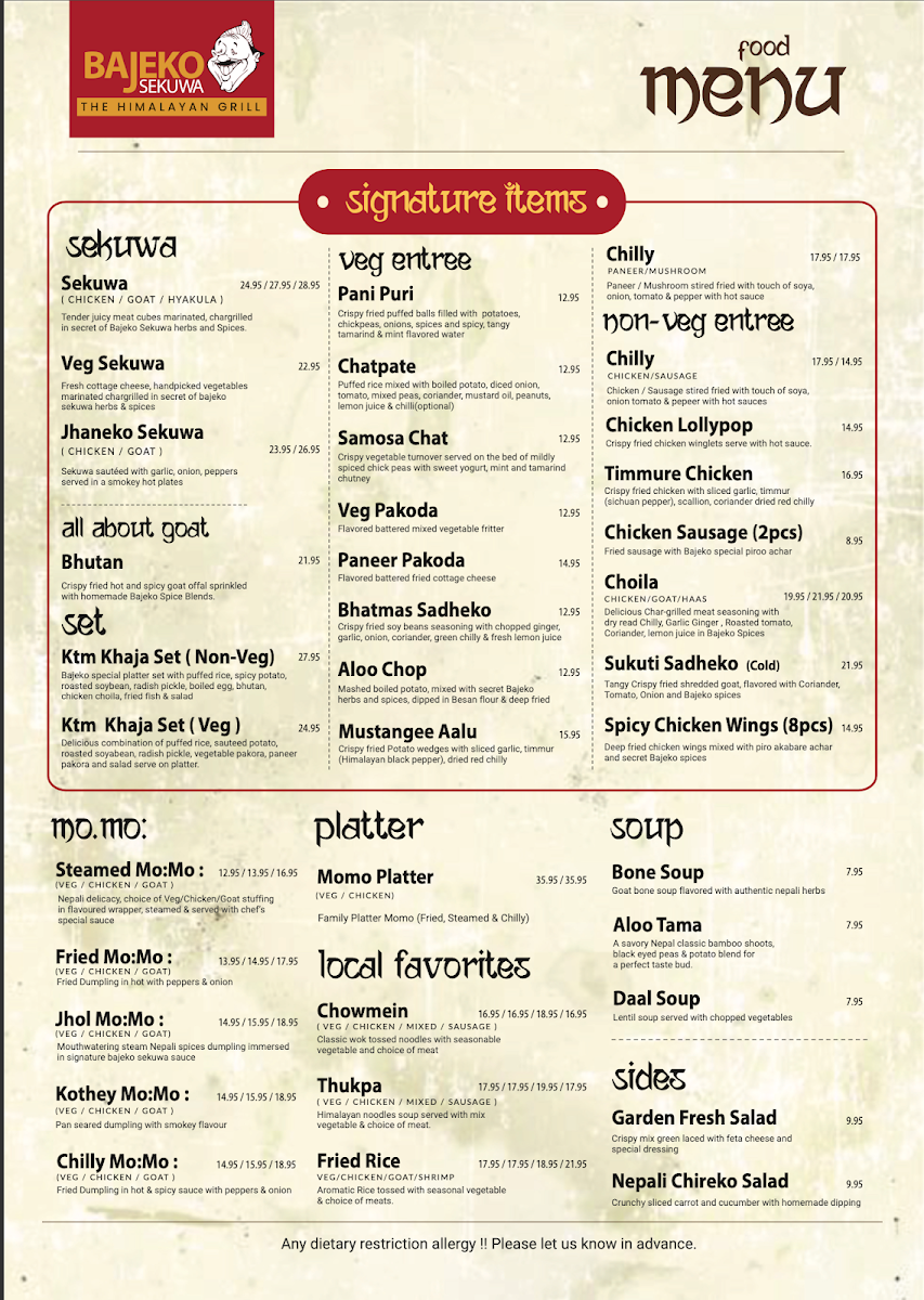 Menu, Bajeko Sekuwa (The Himalayan Grill and Bar)