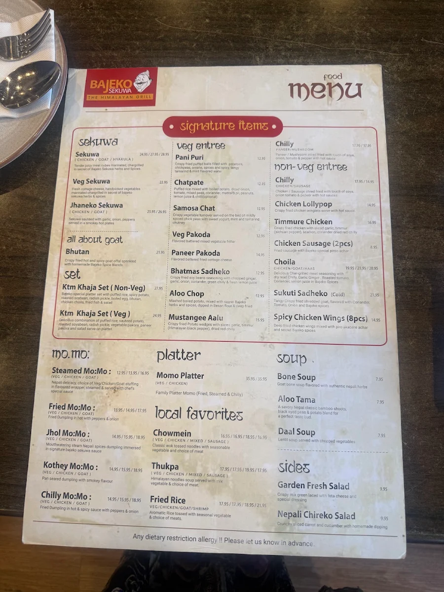 Menu, Bajeko Sekuwa (The Himalayan Grill and Bar)