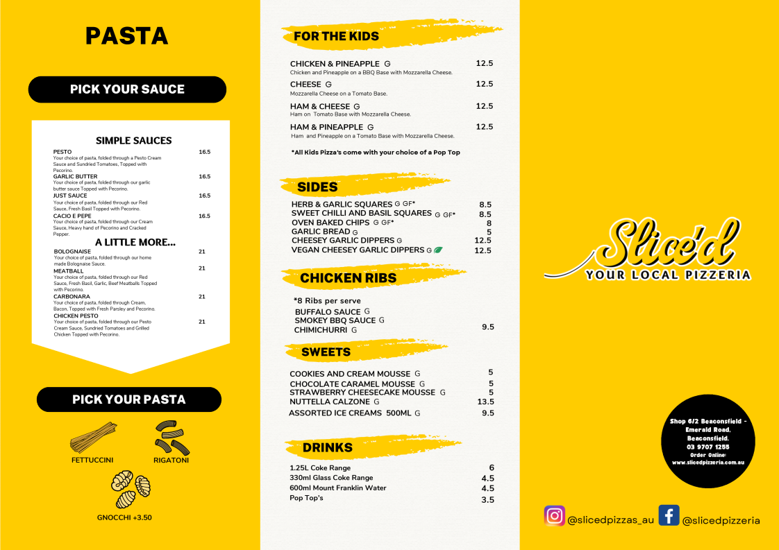 Menu, Slice'd Pizza Beaconsfield