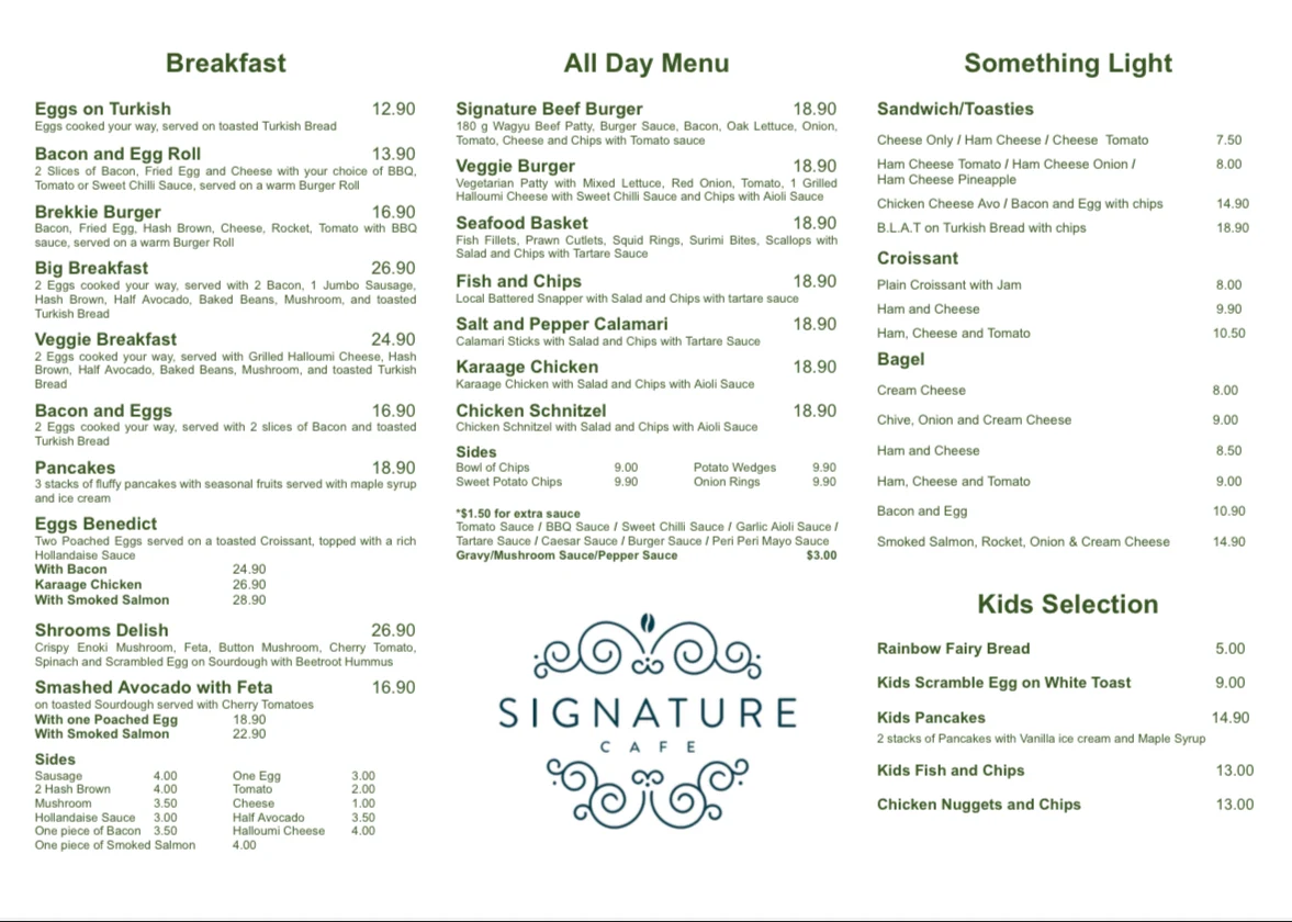 Menu, Signature Cafe Australia Fair