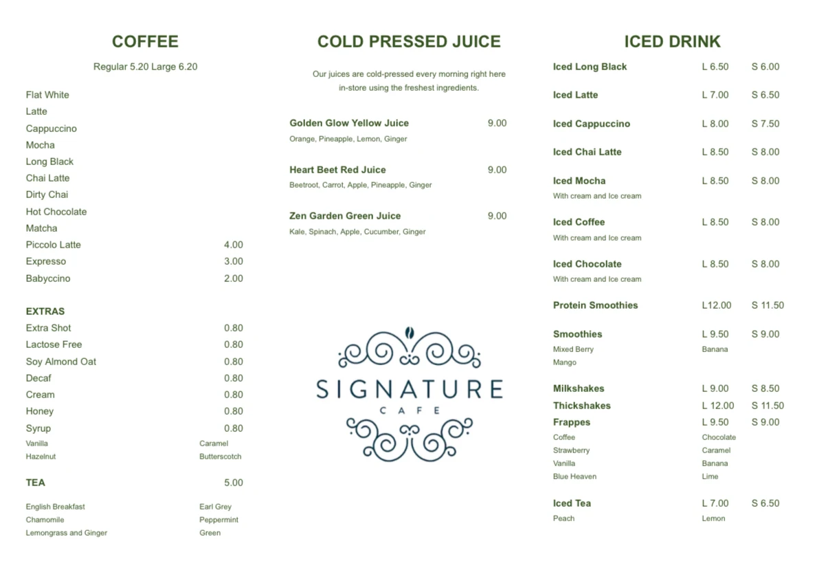 Menu, Signature Cafe Australia Fair