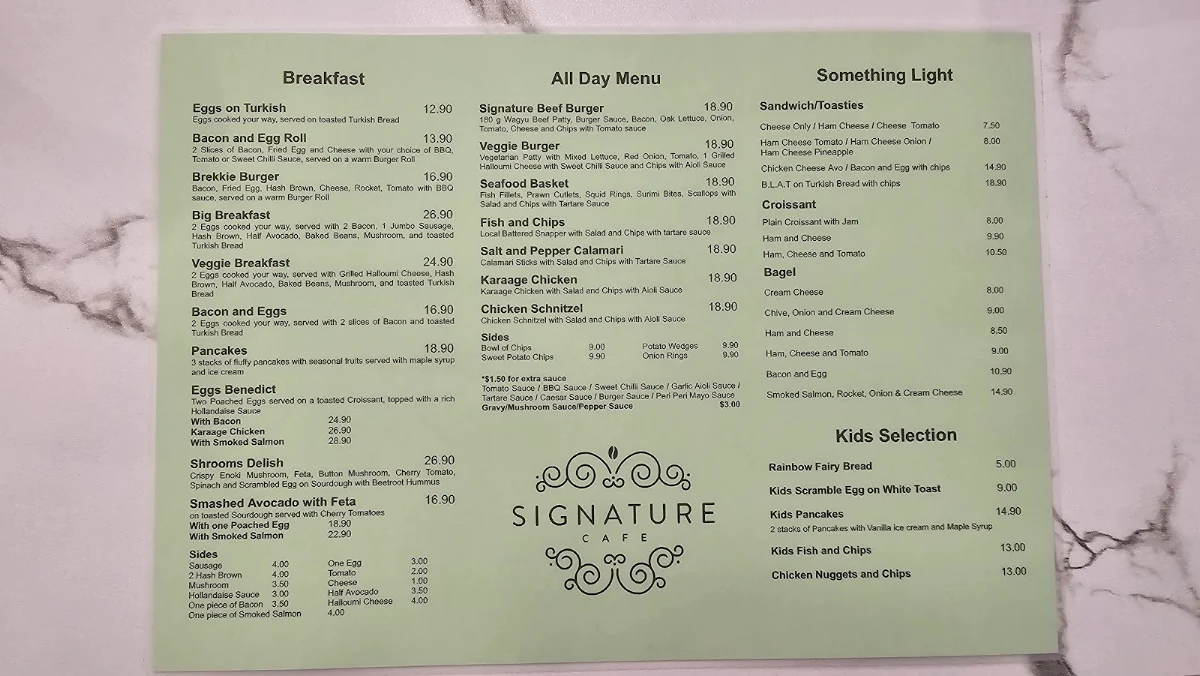 Menu, Signature Cafe Australia Fair