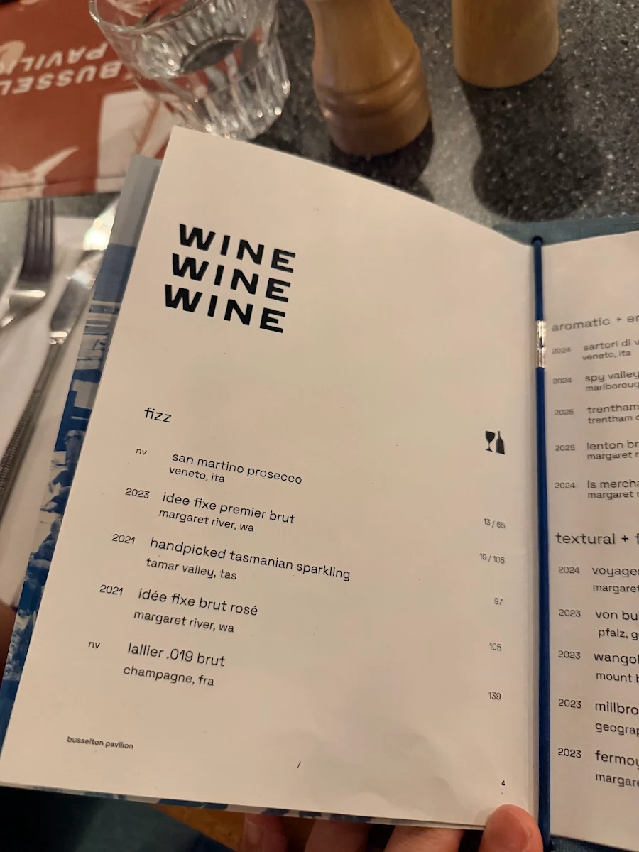 Menu, Busselton Pavilion