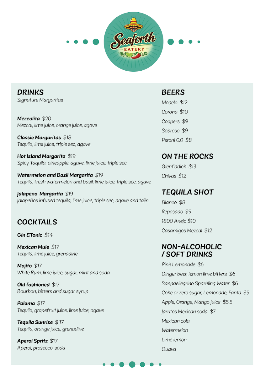 Menu, Seaforth Eatery Mexican Cuisine