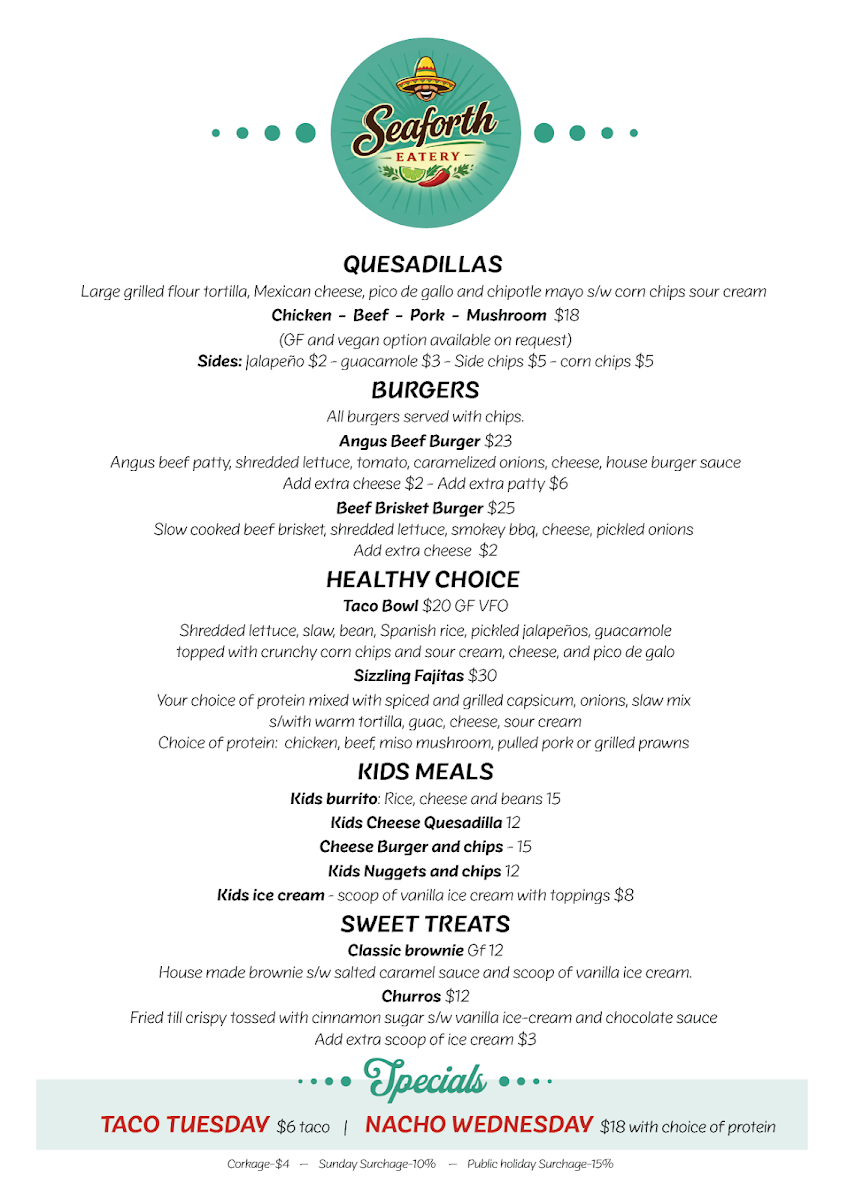 Menu, Seaforth Eatery Mexican Cuisine