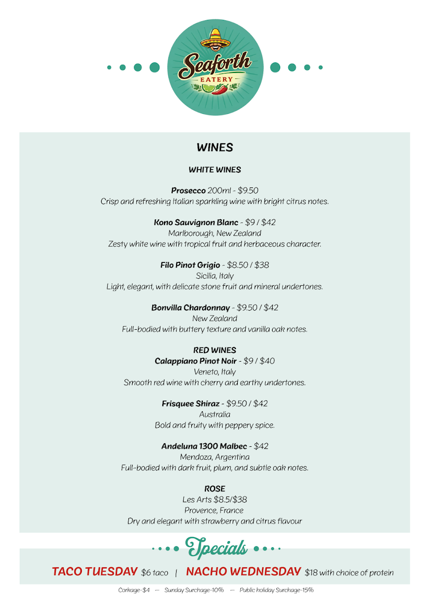 Menu, Seaforth Eatery Mexican Cuisine