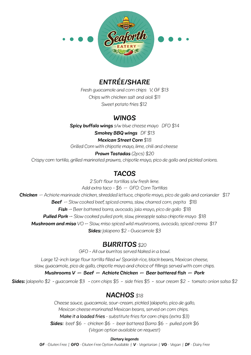 Menu, Seaforth Eatery Mexican Cuisine