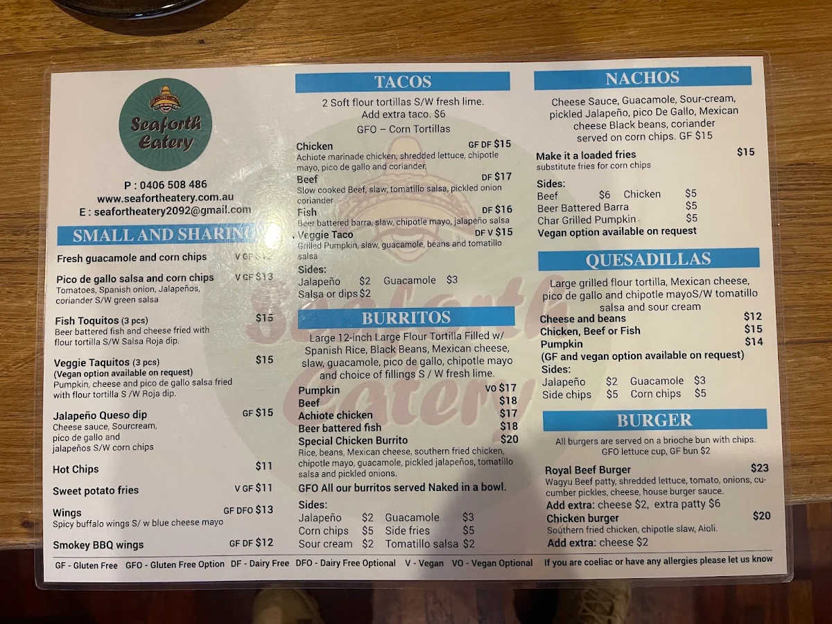 Menu, Seaforth Eatery Mexican Cuisine