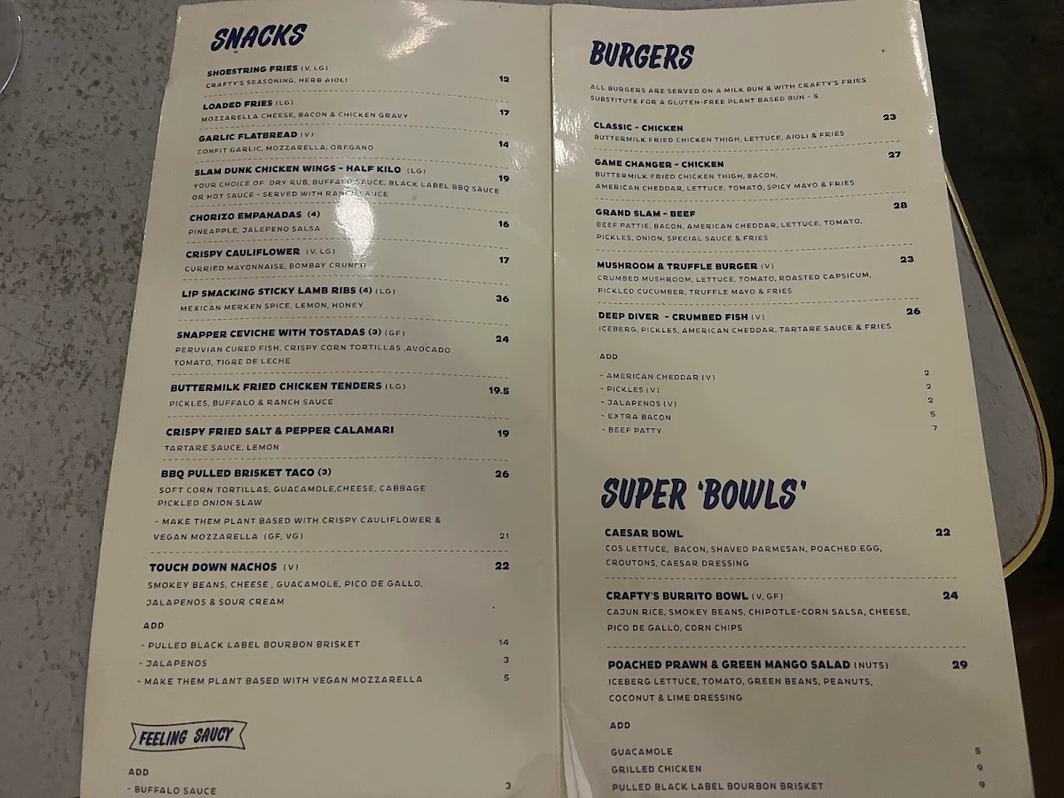 Menu, Crafty's