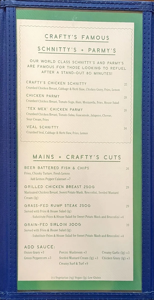 Menu, Crafty's