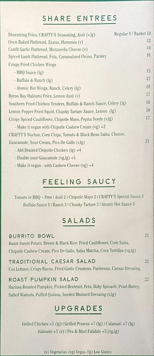 Menu, Crafty's