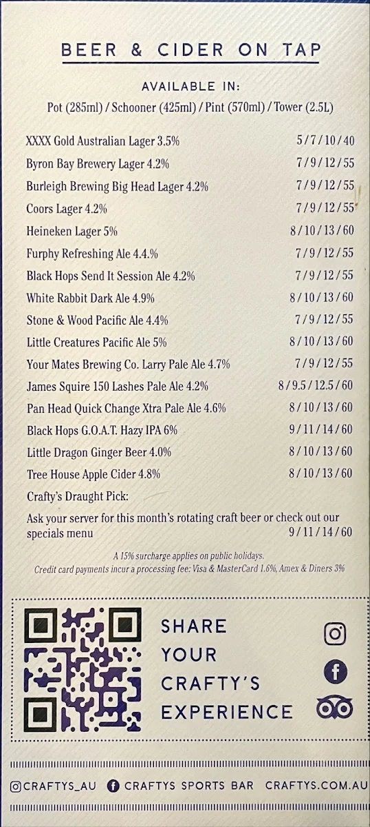 Menu, Crafty's