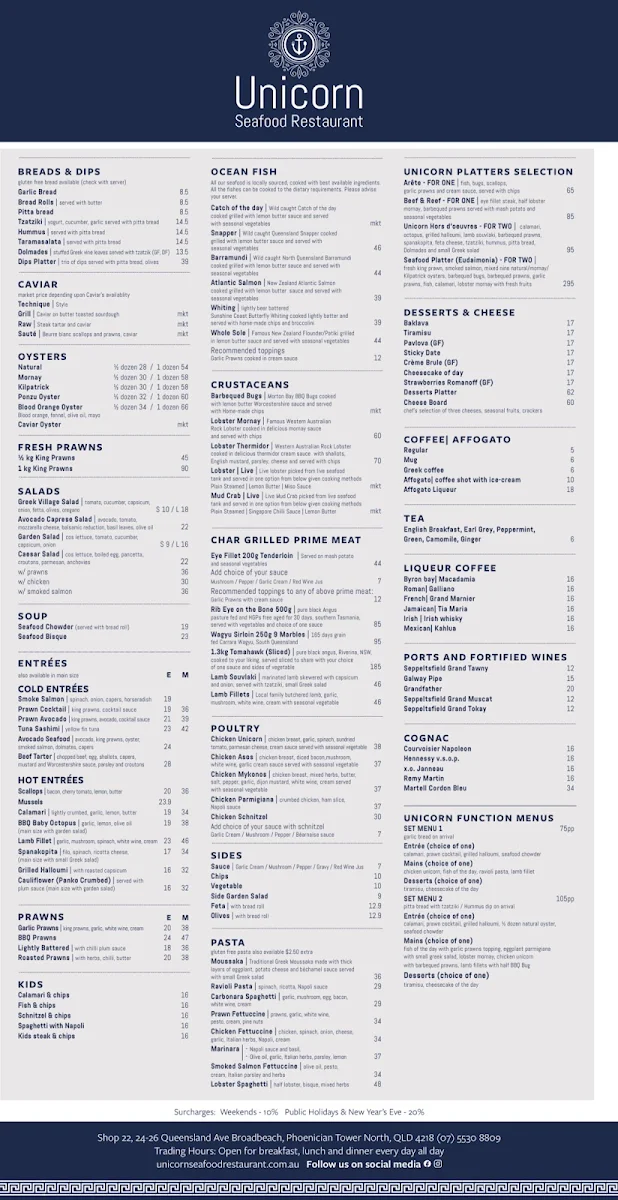 Menu, Unicorn Seafood Restaurant Broadbeach