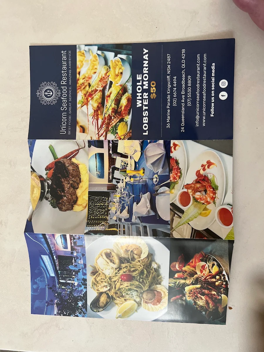 Menu, Unicorn Seafood Restaurant Broadbeach