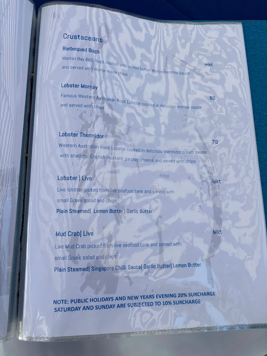 Menu, Unicorn Seafood Restaurant Broadbeach