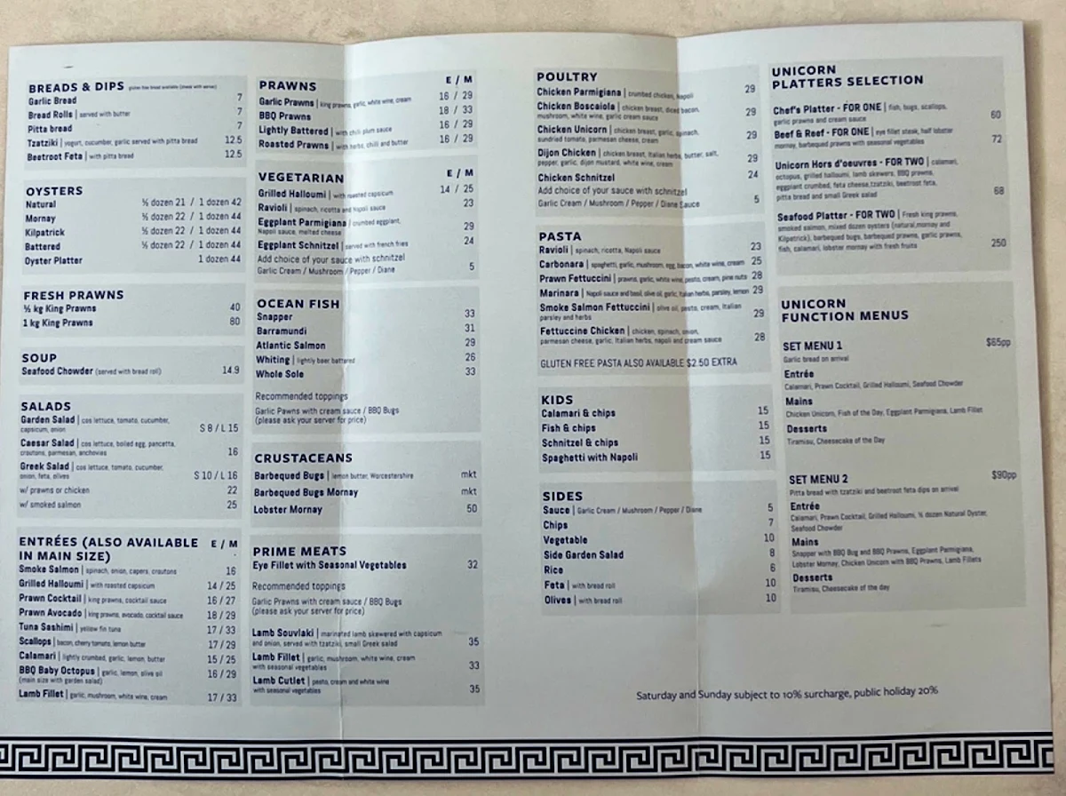 Menu, Unicorn Seafood Restaurant Broadbeach