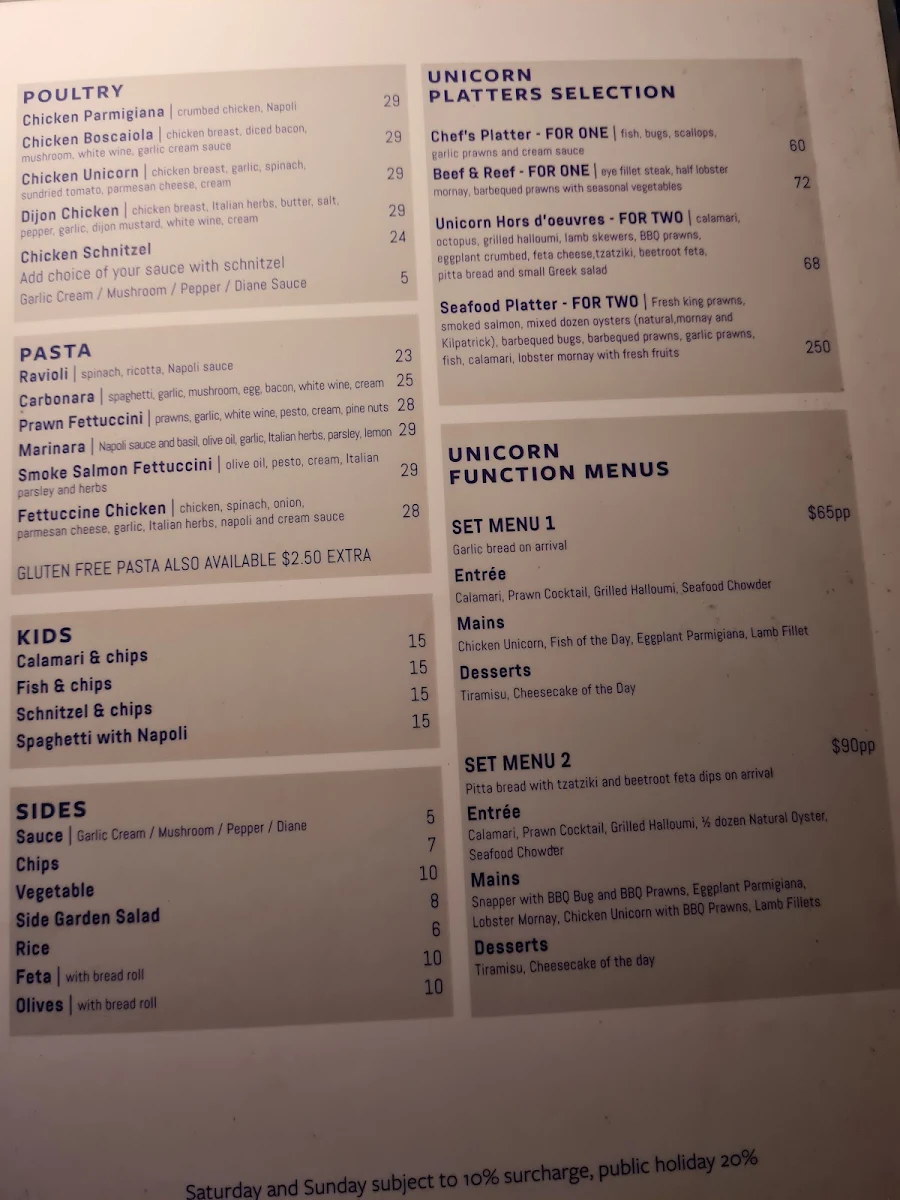 Menu, Unicorn Seafood Restaurant Broadbeach