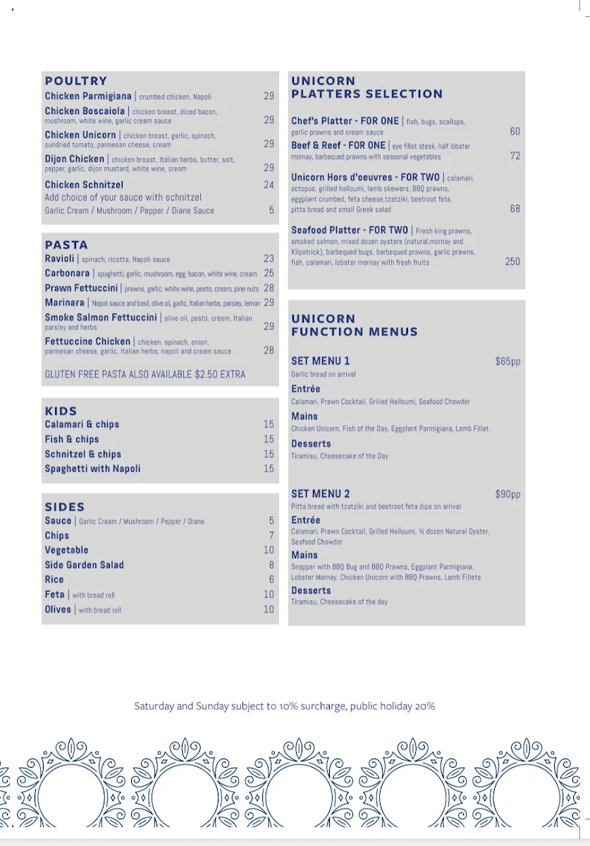 Menu, Unicorn Seafood Restaurant Broadbeach