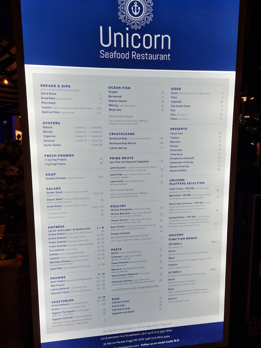 Menu, Unicorn Seafood Restaurant Broadbeach